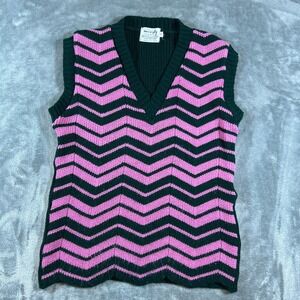 Vintage Morsly Sweater Vest Womens M Green Pink Striped Chevron Light Academia
